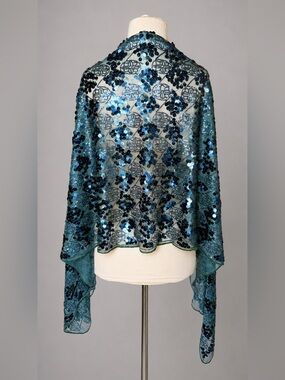 Joan Rivers Sequin Shawl Blue Green Mesh Evening Wrap Formal Occasion